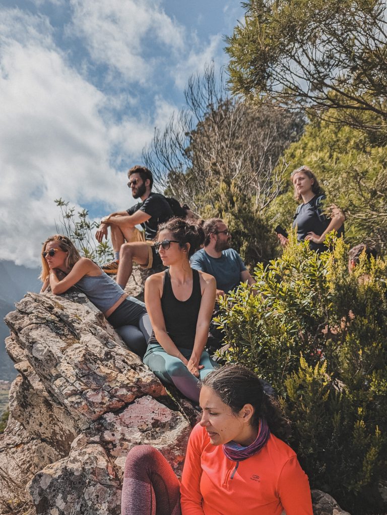 Hikers taking a break in the forest