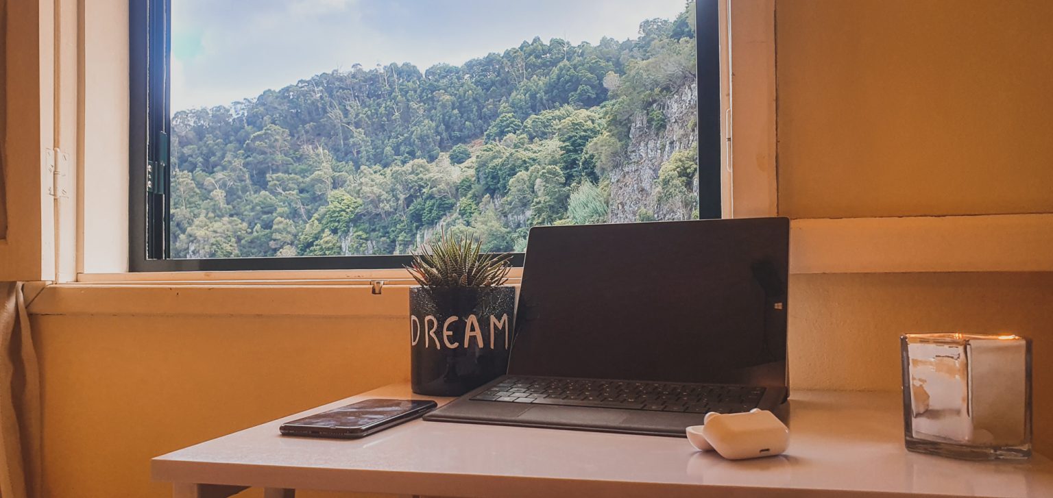 Desk with a mountain view at the Eco-CoLiving house